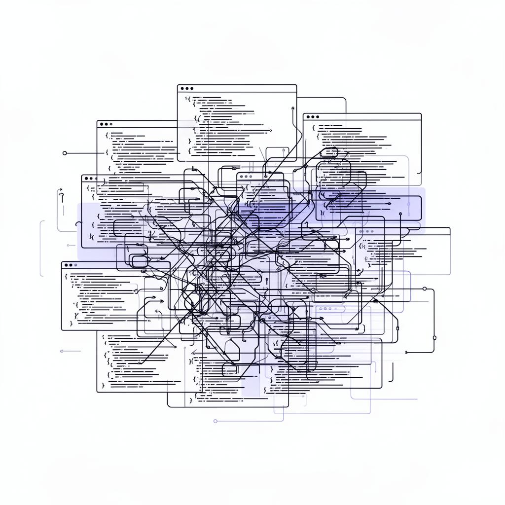 Tangled overlapping code windows representing technical overwhelm